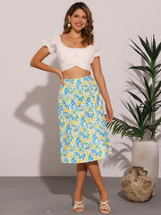 Floral Peasant Elastic Waist A-Line Ditsy Leave Midi Skirt