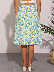Floral Peasant Elastic Waist A-Line Ditsy Leave Midi Skirt