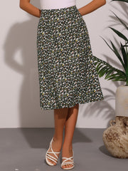 Floral Peasant Elastic Waist A-Line Ditsy Leave Midi Skirt