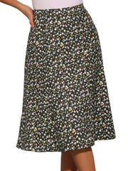 Floral Peasant Elastic Waist A-Line Ditsy Leave Midi Skirt