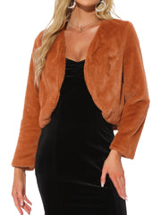 Long Sleeve Open Front Bolero Winter Cropped Faux Fur Jacket