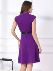 Office V Neck Work Sleeveless A-line Midi Solid Belted Dress