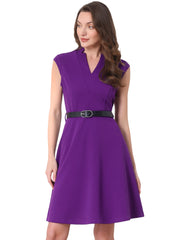 Office V Neck Work Sleeveless A-line Midi Solid Belted Dress
