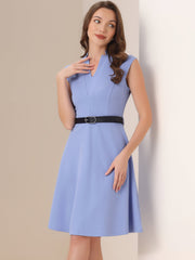 Office V Neck Work Sleeveless A-line Midi Solid Belted Dress