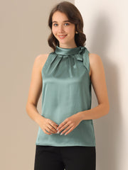 Elegant Satin Sleeveless Tie Knot Mock Neck Solid Work Blouse Top