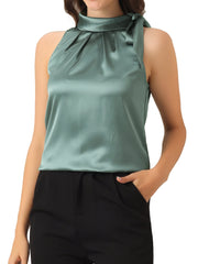 Elegant Satin Sleeveless Tie Knot Mock Neck Solid Work Blouse Top