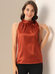 Elegant Satin Sleeveless Tie Knot Mock Neck Solid Work Blouse Top
