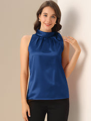 Elegant Satin Sleeveless Tie Knot Mock Neck Solid Work Blouse Top