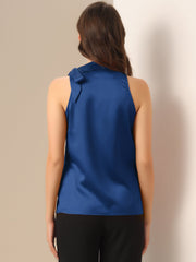 Elegant Satin Sleeveless Tie Knot Mock Neck Solid Work Blouse Top