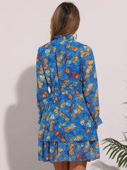 Floral Chiffon Long Sleeve Mock Neck Ruffle Layered Mini Dress