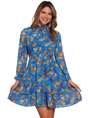 Floral Chiffon Long Sleeve Mock Neck Ruffle Layered Mini Dress