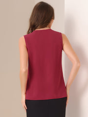 Sleeveless Work Top Pleated Chiffon V Neck Blouse