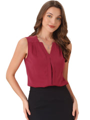 Sleeveless Work Top Pleated Chiffon V Neck Blouse