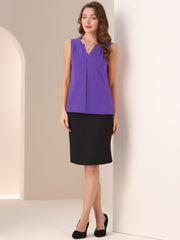Sleeveless Work Top Pleated Chiffon V Neck Blouse