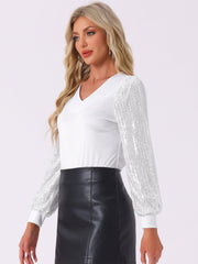 Glitter Sequin Long Sleeve V Neck Casual Blouse