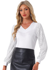 Glitter Sequin Long Sleeve V Neck Casual Blouse