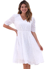 Metallic Stars Ruched Sleeve V Neck A-line Chiffon Dress