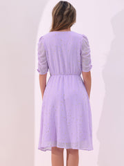 Metallic Stars Ruched Sleeve V Neck A-line Chiffon Dress