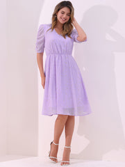 Metallic Stars Ruched Sleeve V Neck A-line Chiffon Dress
