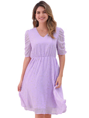 Metallic Stars Ruched Sleeve V Neck A-line Chiffon Dress