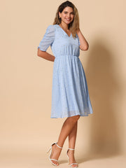 Metallic Stars Ruched Sleeve V Neck A-line Chiffon Dress