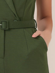 Sleeveless Button Front Closure Long Leg Pocket Belted Jumpsuits