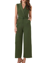 Sleeveless Button Front Closure Long Leg Pocket Belted Jumpsuits
