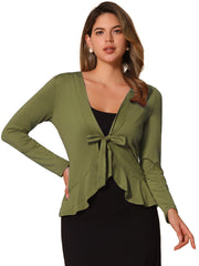 Women's Tie Front Knit Ruffled Long Sleeve Open Cardigan