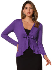Women's Tie Front Knit Ruffled Long Sleeve Open Cardigan