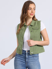 Buttoned Chest Flap Pocket Washed Denim Jacket Vest