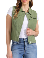 Buttoned Chest Flap Pocket Washed Denim Jacket Vest