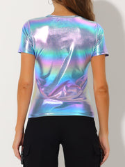Glitter Metallic Short Sleeve Shiny Multicolor Blouse
