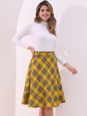 Christmas Tartan Plaid High Waist Belted Vintage A-Line Midi Skirt
