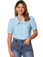Chambray Shirt Peter Pan Collar Puff Sleeve Vintage Denim Blouse
