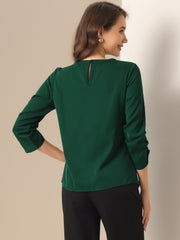 Office Keyhole Pleated Front Ruched 3/4 Sleeve Chiffon Blouse