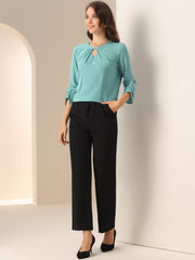 Office Keyhole Pleated Front Ruched 3/4 Sleeve Chiffon Blouse