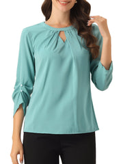 Office Keyhole Pleated Front Ruched 3/4 Sleeve Chiffon Blouse