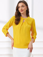 Office Keyhole Pleated 3/4 Sleeve Chiffon Blouse