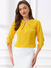 Office Keyhole Pleated 3/4 Sleeve Chiffon Blouse