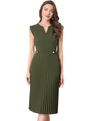 Sleeveless Dress Casual V Neck Button Pleated Midi Dress