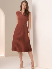 Sleeveless Dress Casual V Neck Button Pleated Midi Dress