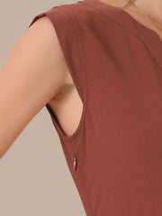 Sleeveless Dress Casual V Neck Button Pleated Midi Dress