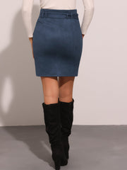 Faux Suede Casual High Waist Belted A-Line Mini Skirts
