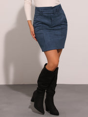 Faux Suede Casual High Waist Belted A-Line Mini Skirts