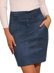 Faux Suede Casual High Waist Belted A-Line Mini Skirts
