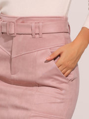 Faux Suede Casual High Waist Belted A-Line Mini Skirts