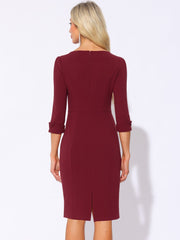 3/4 Sleeve Notch Neck Slim Fit Work Pencil Midi Dress