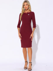 3/4 Sleeve Notch Neck Slim Fit Work Pencil Midi Dress