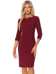3/4 Sleeve Notch Neck Slim Fit Work Pencil Midi Dress