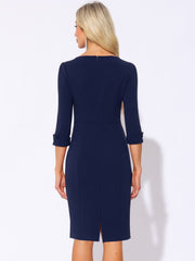 3/4 Sleeve Notch Neck Slim Fit Work Pencil Midi Dress